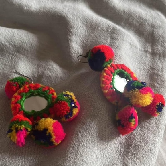 Adorable pompom mirrorwork Indian earrings - Picture 3 of 3